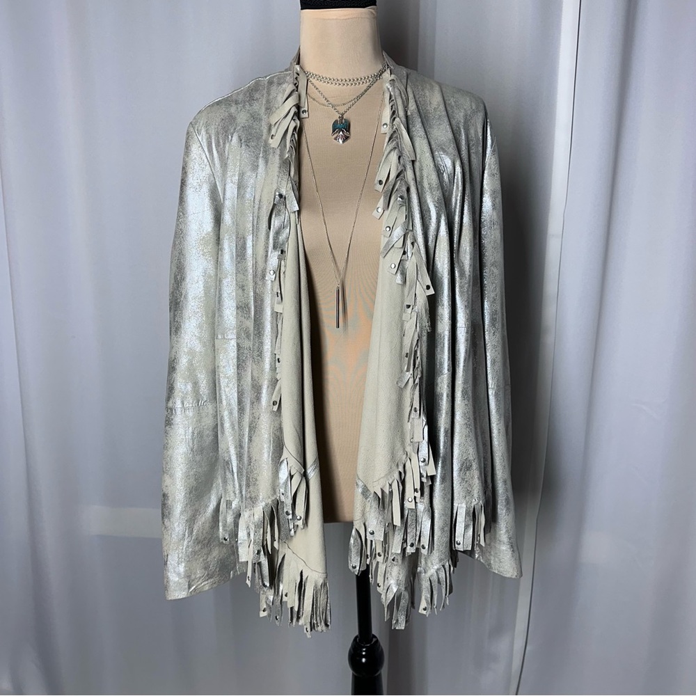 Vintage Berek Metallic Suede Fringe Jacket Sz L Silver Foil Open Front Y2K Boho